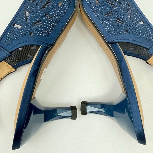J. Renee ARATA Navy Blue Sparkle Laser Cutout Lace Mesh Open Toe Slingback Heels - Picture 12 of 16